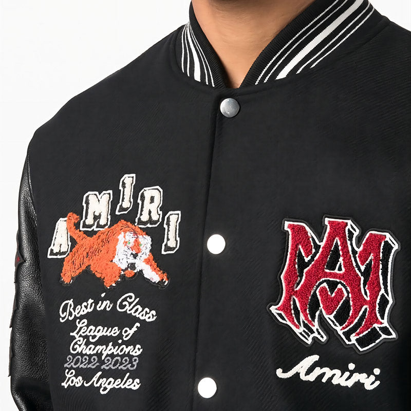 AMIRI Appliquéd Embroidered Wool-Blend Twill and Leather Varsity Jacket