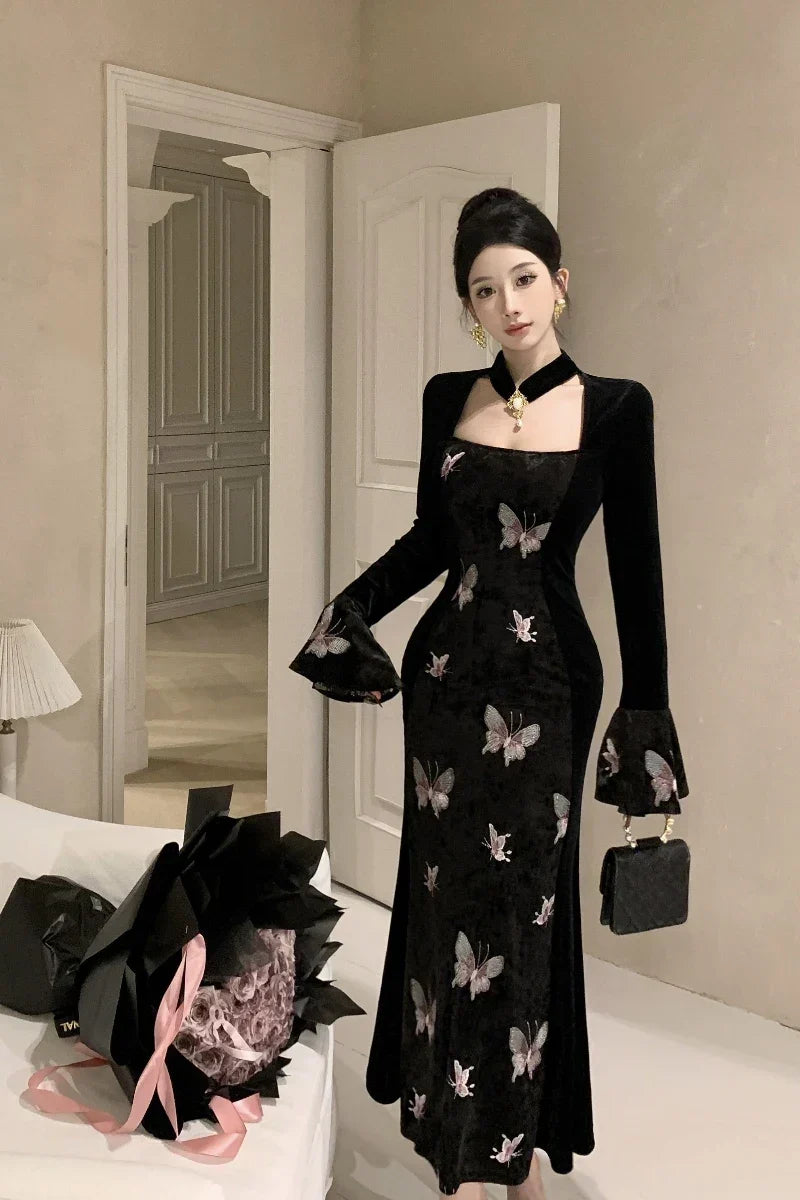 2-Piece Dark Fairy Butterfly Embroidered Velvet Dress with Choker