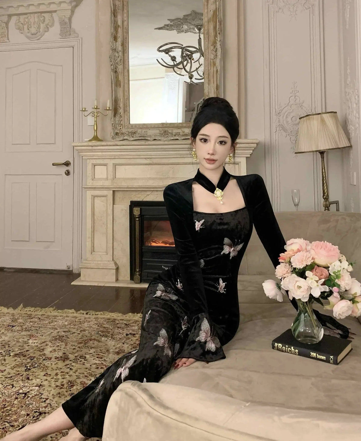 2-Piece Dark Fairy Butterfly Embroidered Velvet Dress with Choker